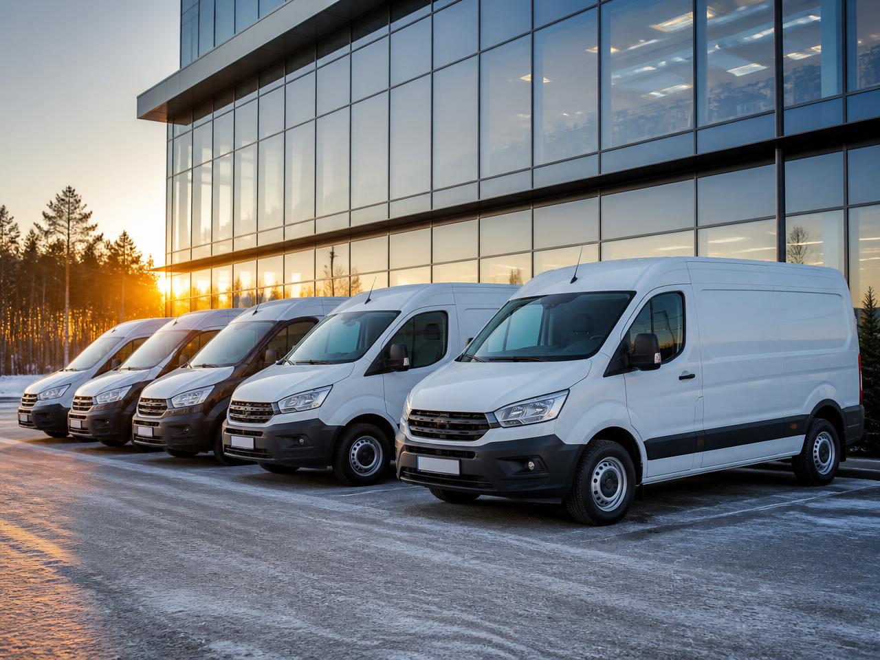 Valkoisia yrityksen pakettiautoja rivissä toimistorakennuksen edessä