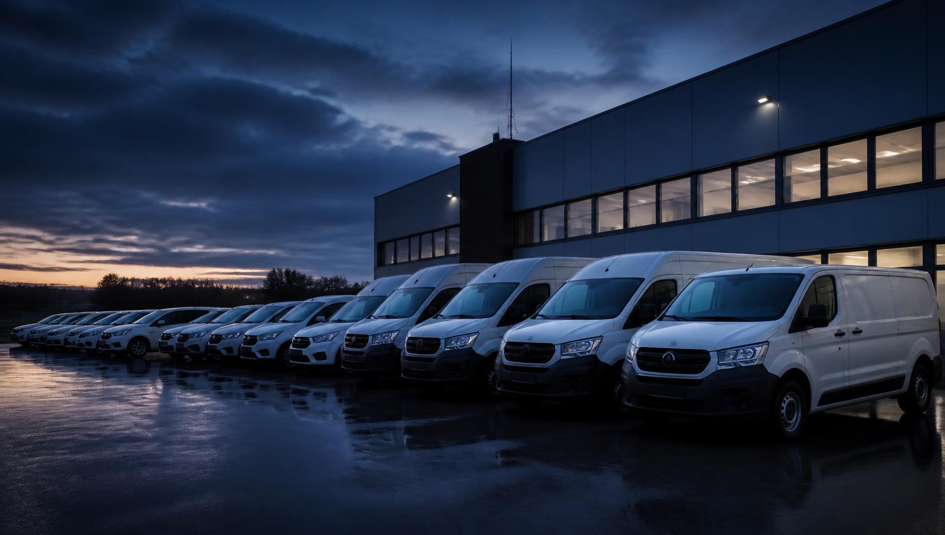 Yrityksen pakettiautoja rivissä toimitilan edessä
